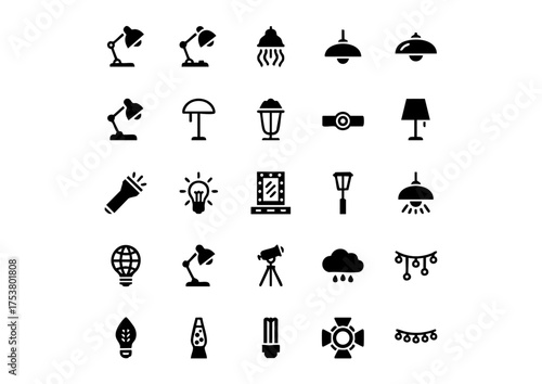  Black and White Vector Light Icons: Illumination and Lamp Symbols, Thick Black & White Vector Lamp Icon Set: Lighting, Fixtures, and Bulbs, Monochrome Illumination: Desk Lamps, Chandeliers, and Spotl