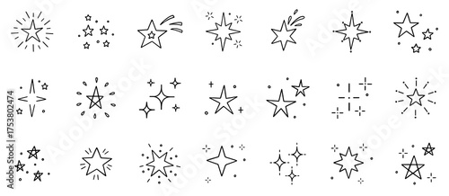 Stars and sparkles doodle set. Christmas blink, firework, glitter silhouette and glowing symbols, comic twinkle effect in sketch style. Hand drawn vector illustration isolated on white background