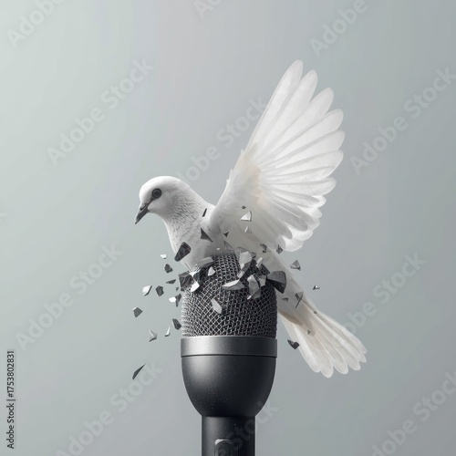 The powerful voice of freedom and peace, a white dove emerges from a shattered microphone on a grey background