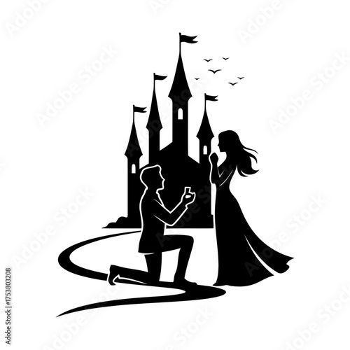 Valentine vector art of man proposing to woman in front of castle