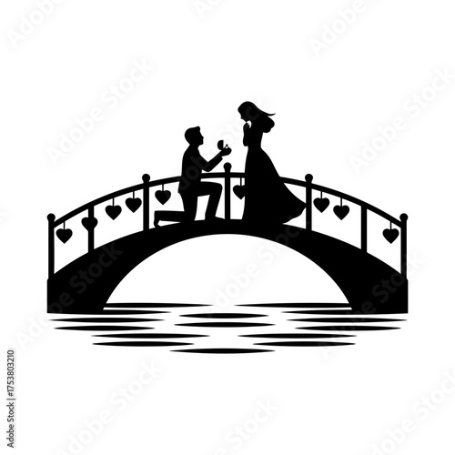Valentine vector art of man proposing to woman on bridge