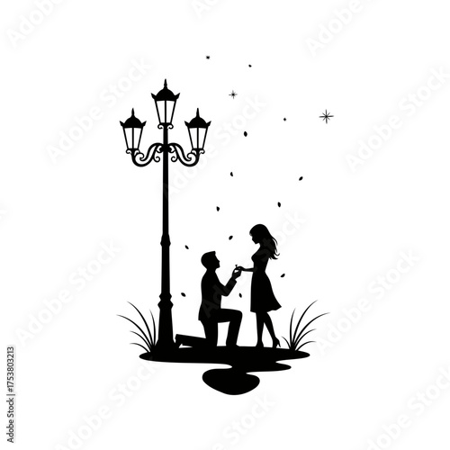 Valentine vector art of man proposing to woman under street lamp
