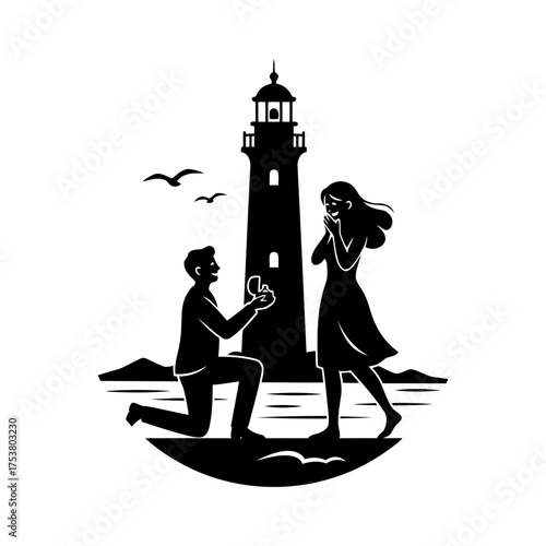 Valentine vector art of man proposing to woman near lighthouse
