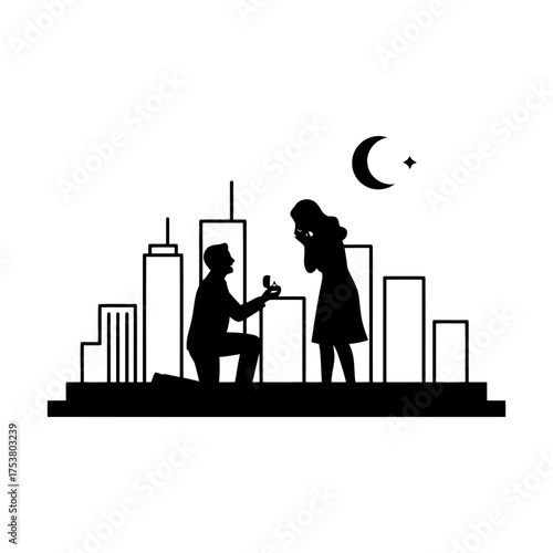 Valentine vector art of man proposing to woman with city skyline