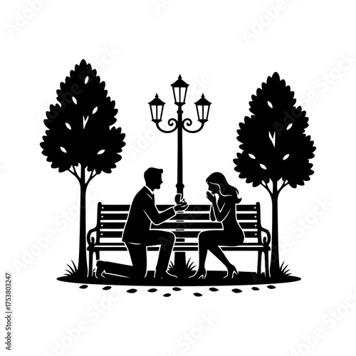 Valentine vector art of man proposing to woman on bench