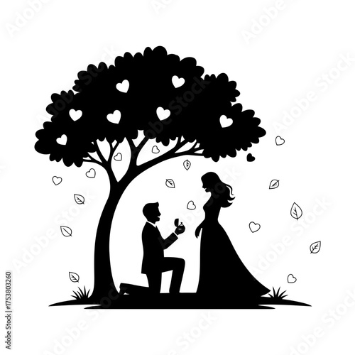 Valentine vector art of man proposing to woman under heart tree