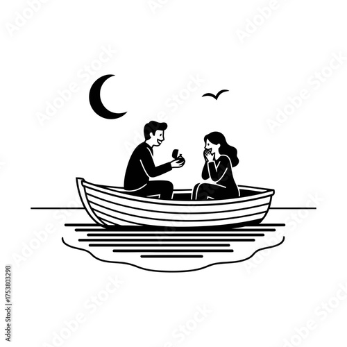 Valentine vector art of man proposing to woman in boat under moonlight