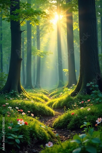 Sun-Dappled Woodland Floor Lush Moss, Wildflowers, and Towering Trees in Peaceful Spring Scene