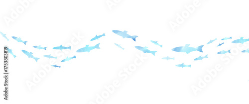 水彩風　青い魚が波のように泳ぐイラスト