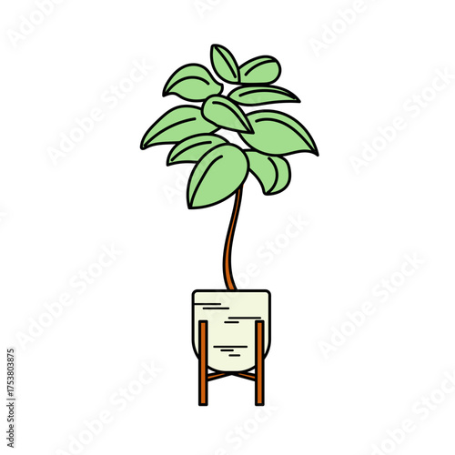 シンプルなスタンド鉢にグリーンの観葉植物を描いたベクターイラスト｜ナチュラルな暮らしやモダンインテリアを彩る落ち着いた植物デザイン