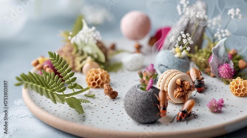 A creative arrangement of edible items and decorative elements, featuring insects, flowers, and textured stones on a plate.