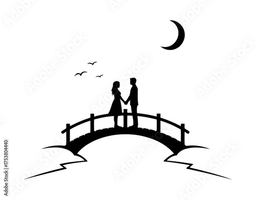 Valentine vector art of couple holding hands on bridge
