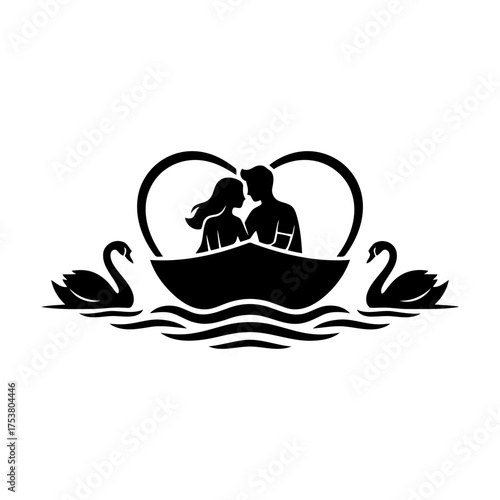 Valentine vector art of couple in boat with swans vector art