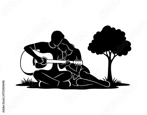 Valentine vector art of couple playing guitar under the tree