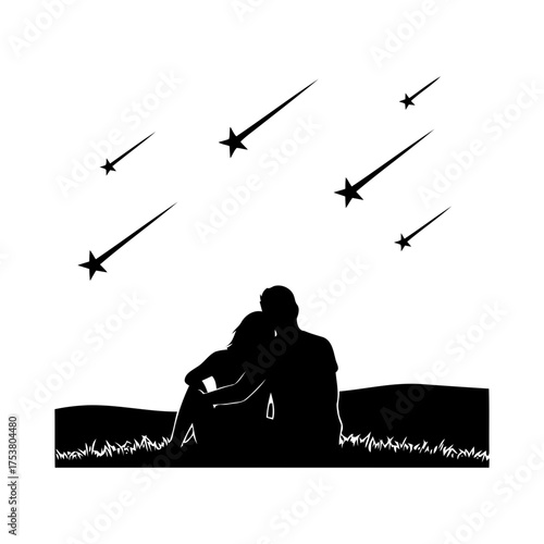 Valentine vector art of silhouette of a couple watching shooting stars