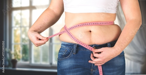 Obraz na płótnie fat woman with excessive belly fat, diet lifestyle concept