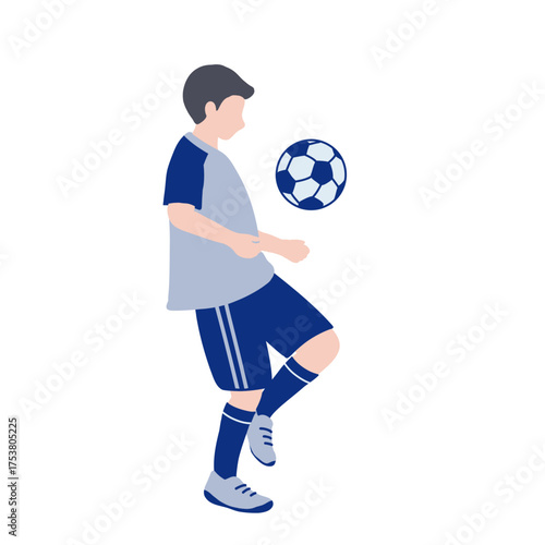 フラットイラスト　リフティングをしている少年　ブルーユニフォーム　全身