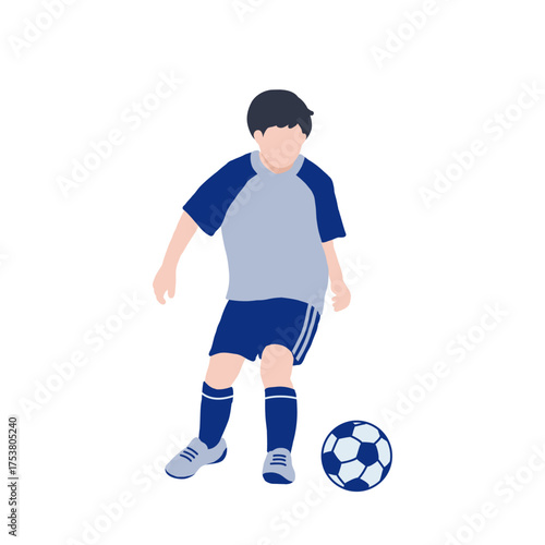 フラットイラスト　サッカーボールを蹴ろうとしている少年　ブルーユニフォーム　全身