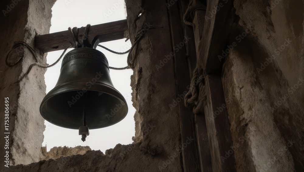 Obraz premium Old bell hanging in a weathered wooden structure, rustic charm.