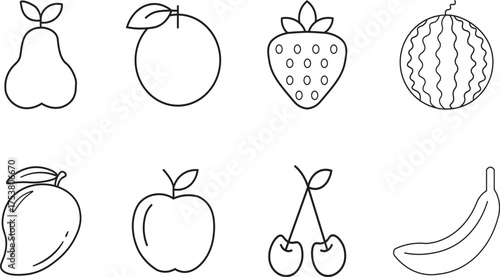 set of outlined fruits icon vector illustration, orange, strawberry, watermelon, mango, apple, cherries and banana line icon