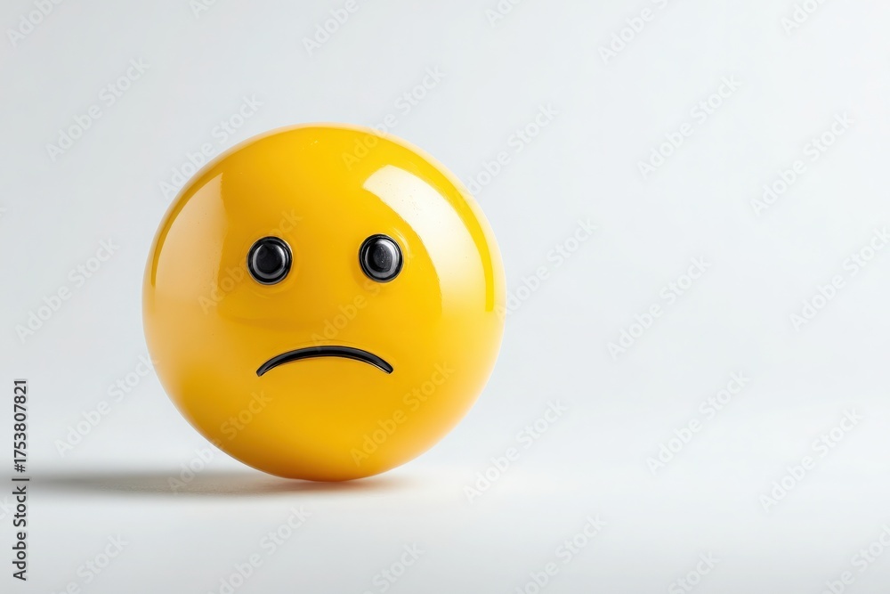 Fototapeta premium A bright yellow smiley face with downturned eyes and a frown sits on a white surface. The lighting highlights its glossy surface, creating a reflective quality.