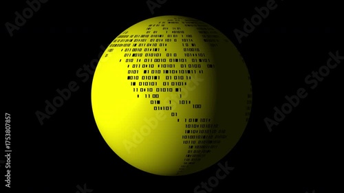 Discover a unique 3D representation of our planet featuring binary code. The glowing yellow globe rotates, showcasing data in an artistic way, blending technology with nature.