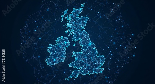 Digital representation of the United Kingdom and Ireland connected by a network of lines and dots, glowing blue on a dark background.