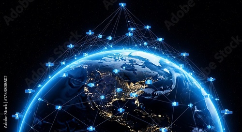 Global network communication represented by glowing nodes and lines connecting across the Earth.
