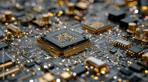 Close up of a microprocessor on a gold circuitry board, highlighting a central chip surrounded by tiny components, glittering traces, and luminous reflections.