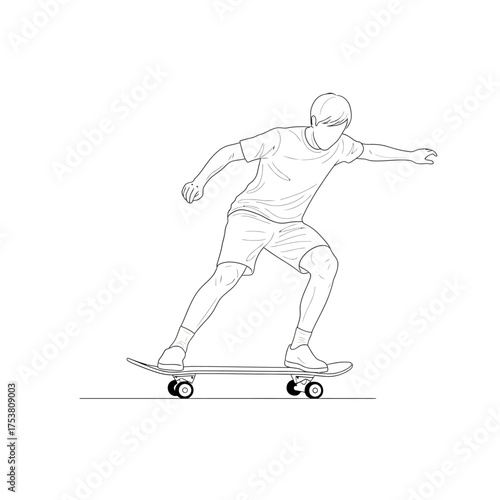 A skateboarder riding a skateboard in one line drawing isolated on white background the minimalist art style captures the essence of sport, recreation, and freedom in a simple way