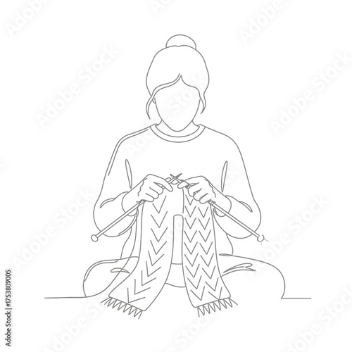 A woman knitting a scarf in one line drawing isolated on white background the minimalist art style captures the essence of craft, hobby, and creativity in a simple and elegant way
