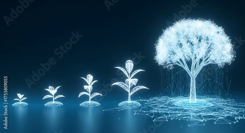 Digital illustration showing the growth stages of a plant, culminating in a full tree, all rendered in a glowing, futuristic style.