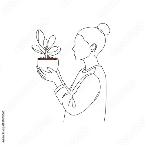 A woman holding a potted plant isolated on white background is illustrated in a simple line art style, conveying nature, care, and minimalist design aesthetics beautifully