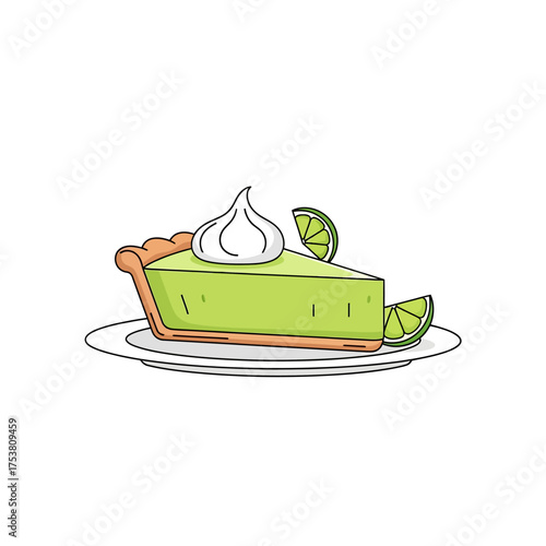 A slice of key lime pie with whipped cream and lime wedges isolated on white background a delightful dessert illustration perfect for menus, cookbooks, and foodrelated designs