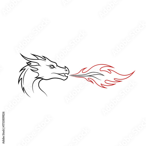 Illustration of a dragon head spitting fire, isolated on white background the dragons head is drawn in black lines, while the fire is drawn in red lines the dragon has a fierce expression