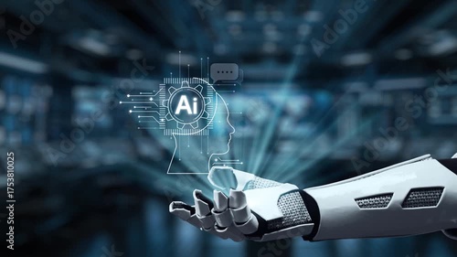 A high-tech robotic hand reaches out to engage with an artificial intelligence interface, depicting messages and digital data in a futuristic setting. Auvana