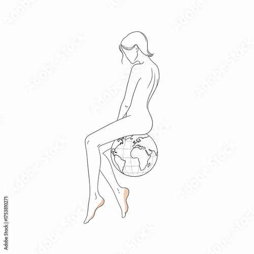 A minimalist line art illustration isolated on white background of a nude woman sitting on a globe, symbolizing environmental awareness and the interconnectedness of humanity with the planet