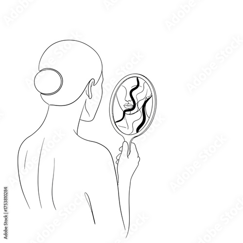 A minimalist line art illustration isolated on white background of a woman looking in a mirror, reflecting inner turmoil and distorted selfperception, exploring themes of identity and selfawareness