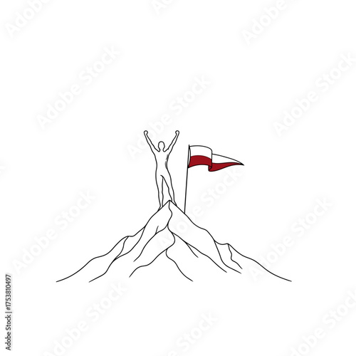 A person standing on top of a mountain with a flag isolated on white background the person is celebrating their success the flag is waving in the wind the mountain is tall and imposing