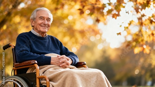 Elderly man smiling while sitting in wheelchair outdoors in autumn  