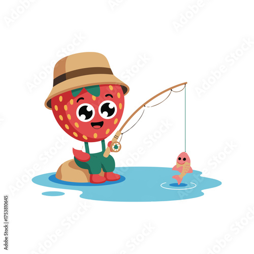 Adorable cartoon strawberry character wearing a hat and fishing with a rod and reel in a blue body of water