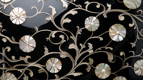 Korean Lacquerware Pattern Design, Intricate Mother-of-Pearl Inlay on Black Lacquer by traditional Korean Najeonchilgi	