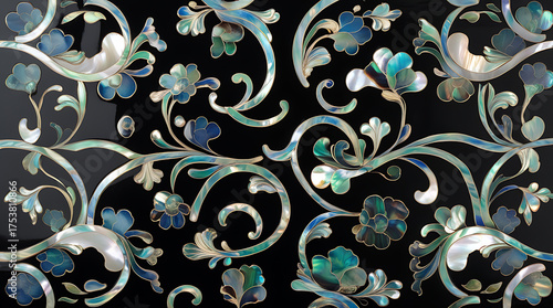 Korean Lacquerware Pattern Design, Intricate Mother-of-Pearl Inlay on Black Lacquer by traditional Korean Najeonchilgi	