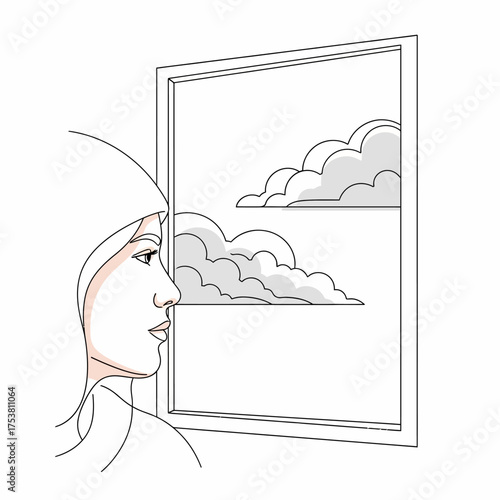 A contemplative woman gazes out of a window at the fluffy clouds drifting lazily across the sky, lost in thought and dreaming of faraway places isolated on white background