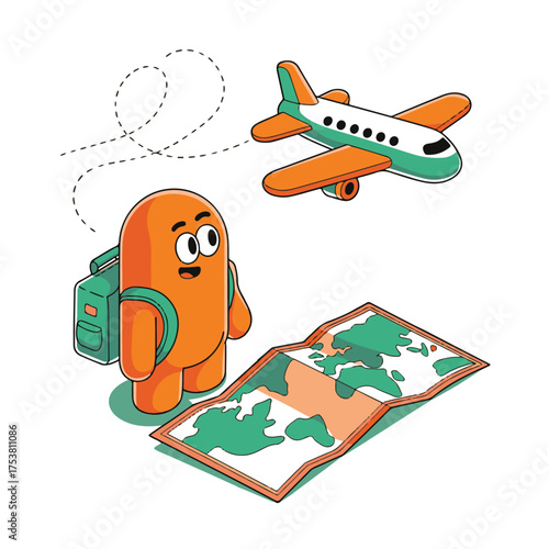 An anxious orange cartoon character with a backpack looks at a world map with a toy airplane flying overhead