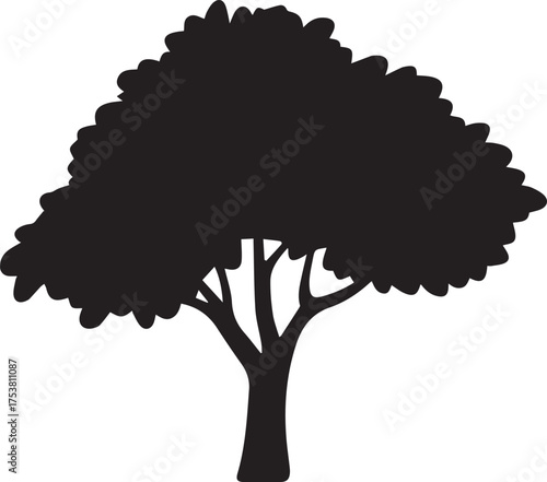 minimal tree silhouette vector illustration broad leafy canopy strong trunk isolated for emblem branding