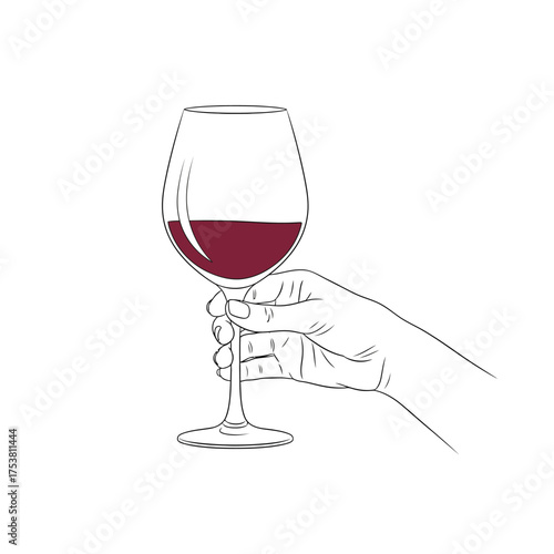An elegant illustration isolated on white background features a hand holding a glass of red wine, capturing a moment of sophistication and indulgence in a minimalist style