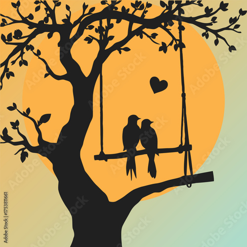 Tree of Love with Two Birds – Romantic Nature Illustration