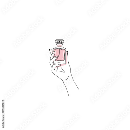 Elegant illustration of a hand holding a perfume bottle isolated on white background, capturing the essence of fragrance, beauty, and the subtle art of personal scent