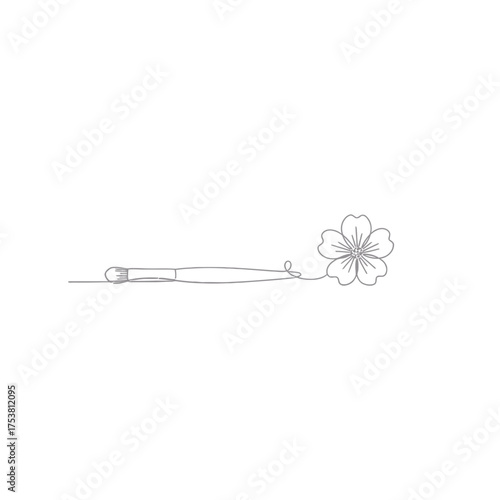 Minimalist illustration of a makeup brush with a flower isolated on white background, symbolizing the delicate artistry of beauty, nature, and the transformative power of cosmetics